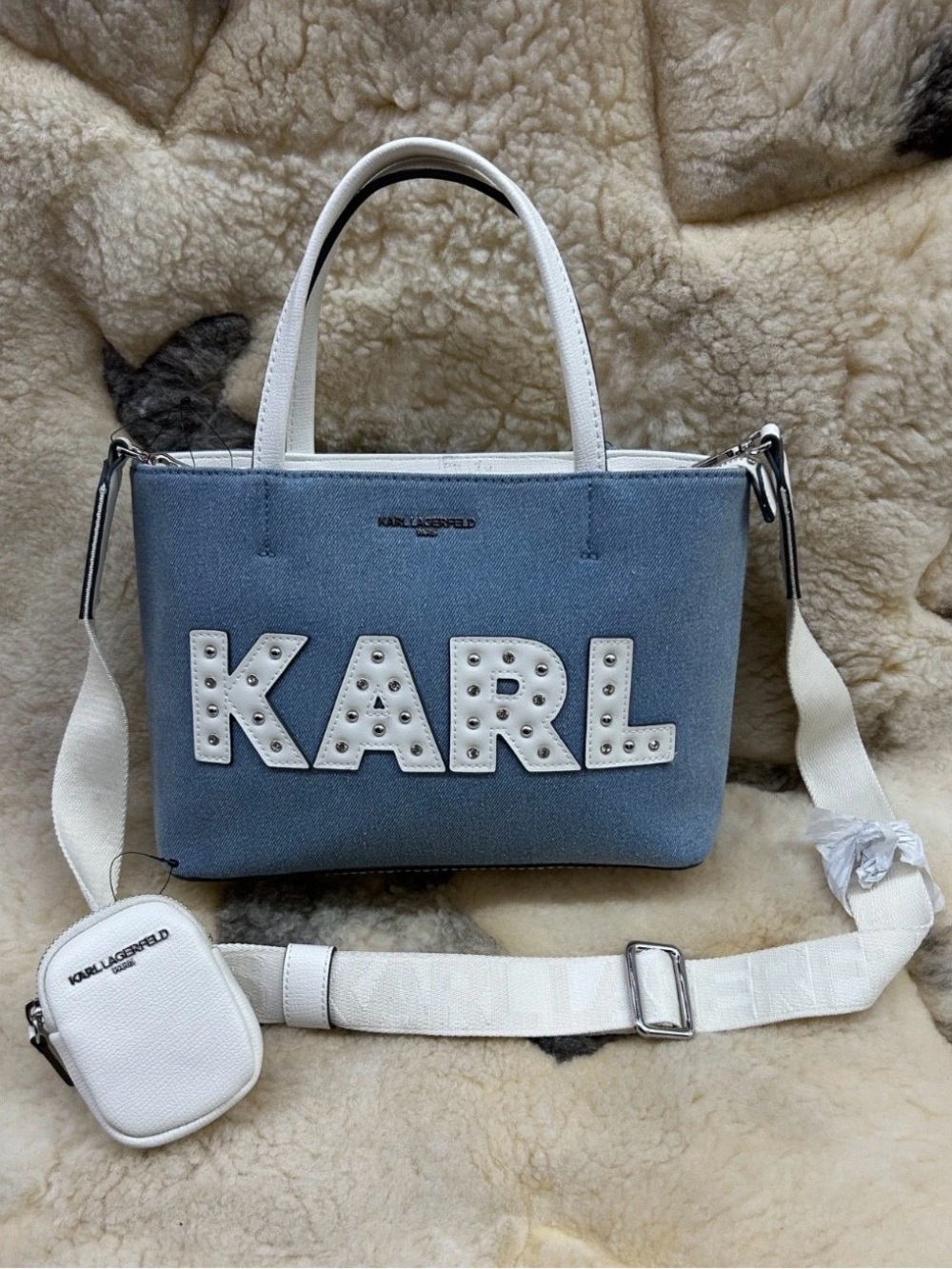 Karl Lagerfeld Blue and White Logo Satchel with Detachable Strap